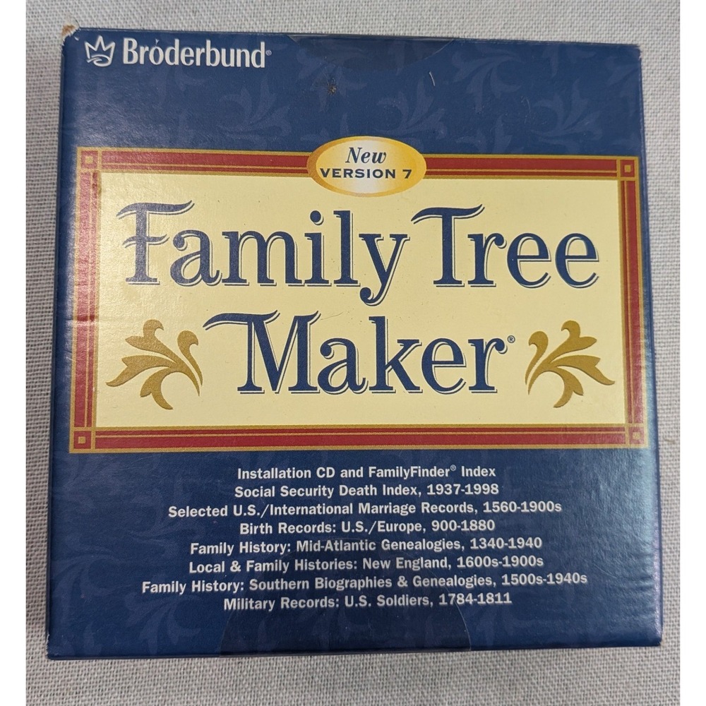 Broderbund Family Tree Maker Version 7 PC Software Blue Box Genealogy CD-ROM